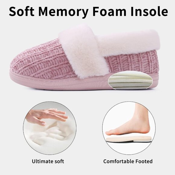 ⚡Women's Pink Fuzzy Memory Foam Slippers Closed Back Knit Slip-On House Shoes - Picture 3 of 6